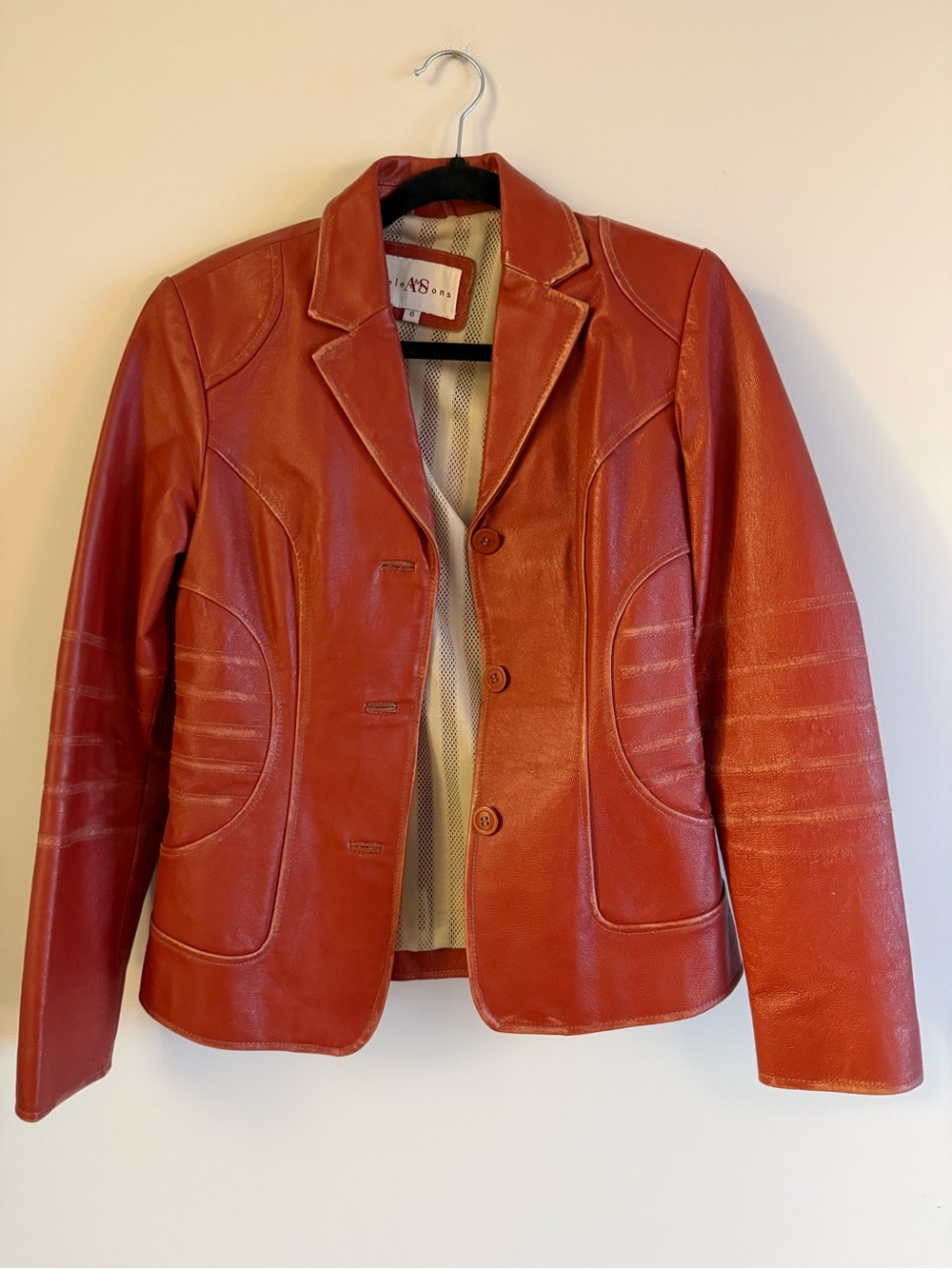 Vintage Y2K Rust Orange Leather Fitted Blazer Moto Jacket Size 6 - Picture 3 of 14